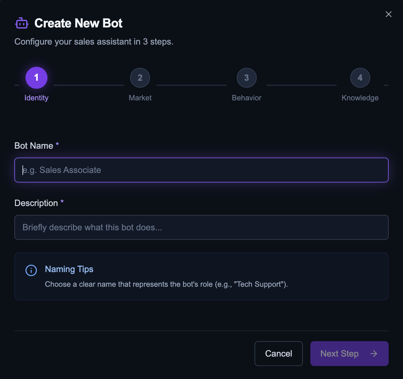 Zavtra Create New Bot wizard showing Identity step