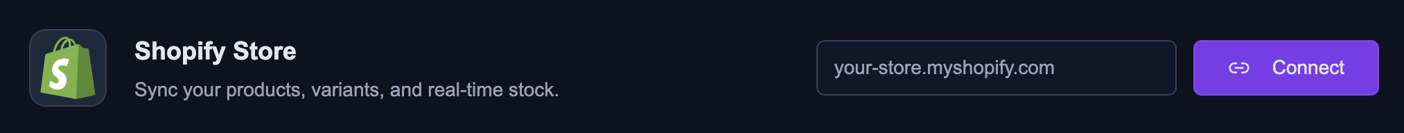 Shopify domain input field and Connect button