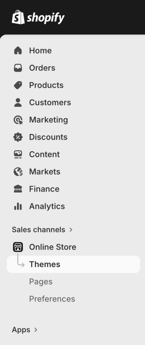 Shopify admin sidebar with Themes highlighted