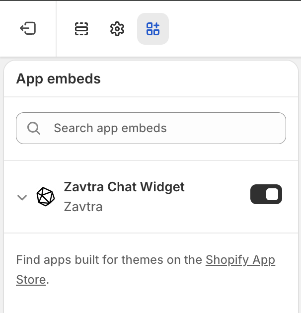 App embeds panel showing Zavtra Chat Widget toggle switched ON